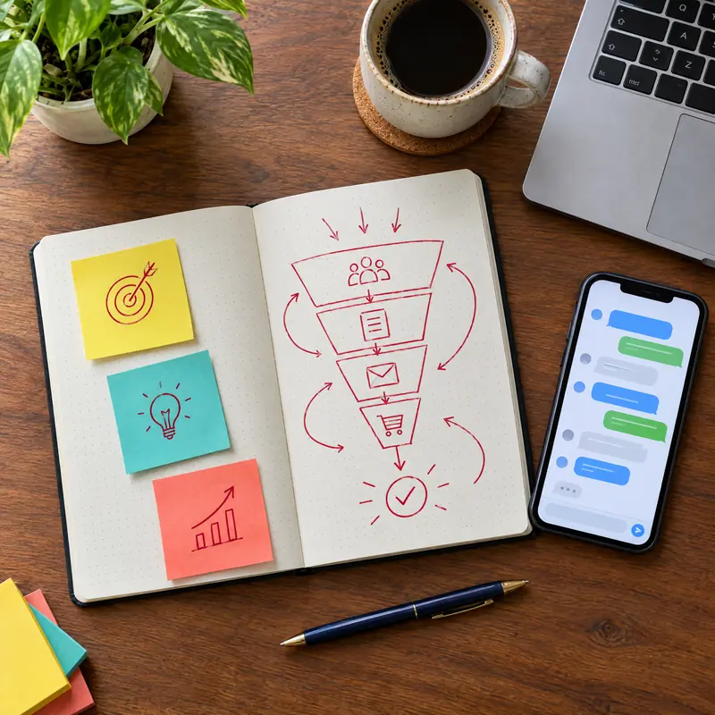Caderno com um funil de vendas desenhado em vermelho, ao lado de um celular com conversas abertas