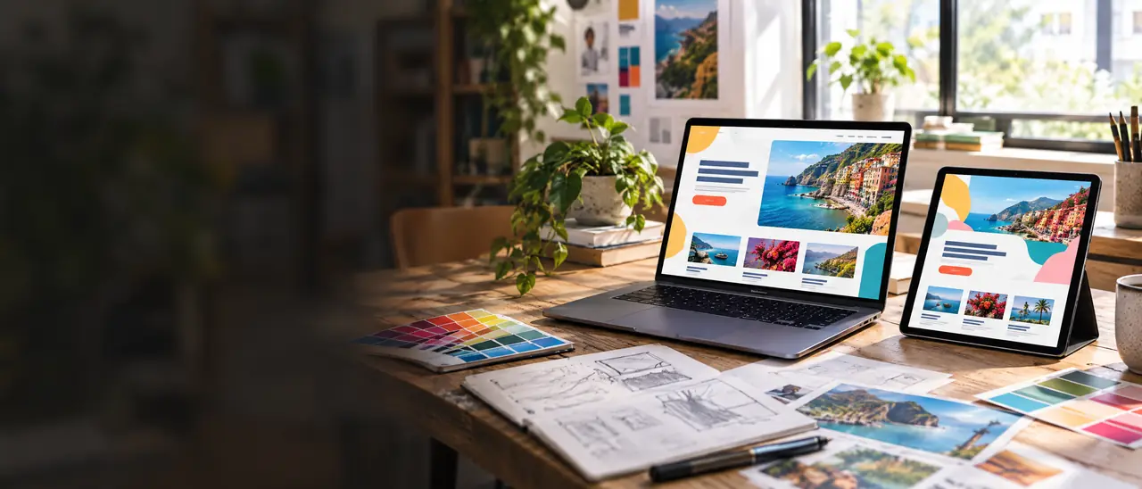 Landing page responsiva aberta em notebook e tablet sobre a mesa de um estúdio de design